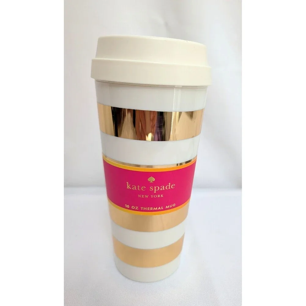 Kate Spade Striped Gold 16 oz Thermal Travel Mug Coffee Cup Hot Gold